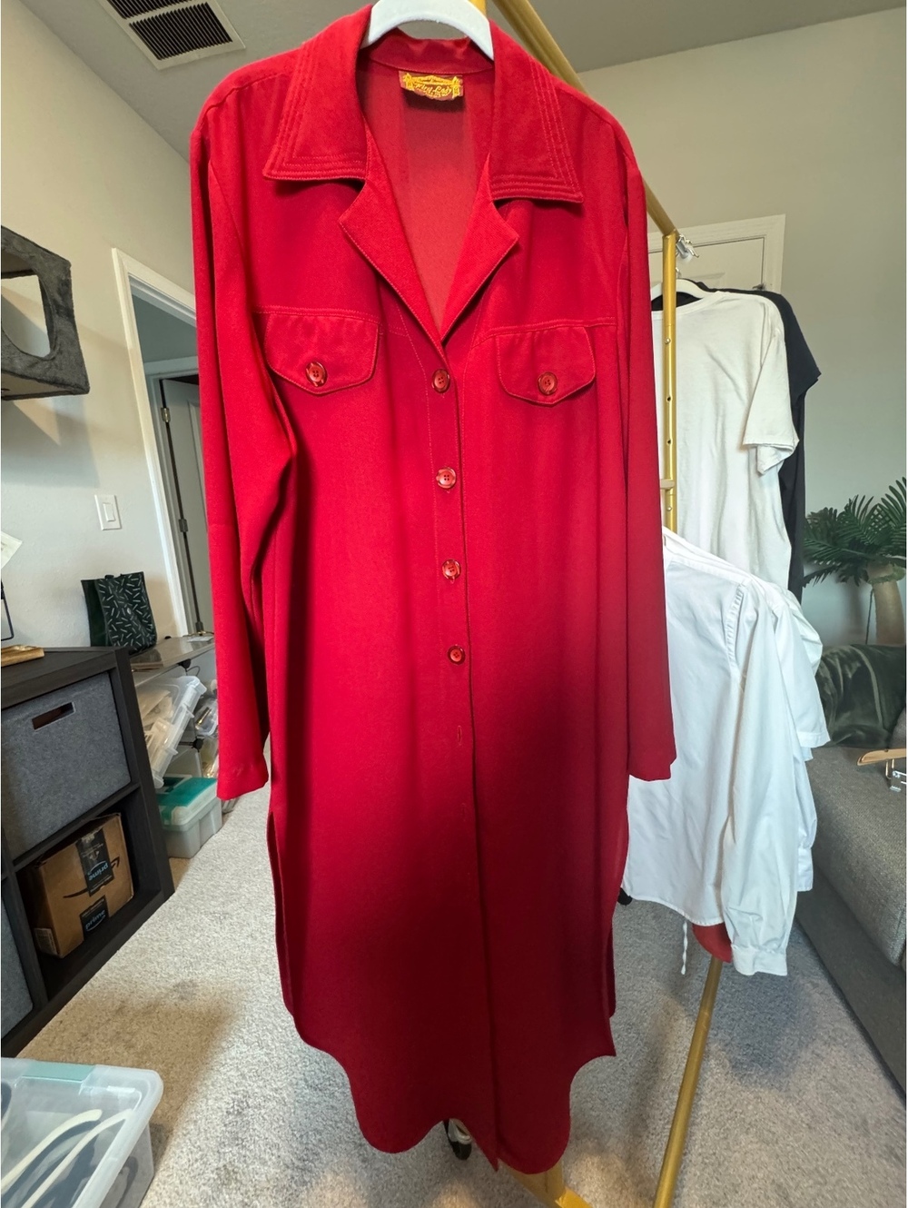 First Lady Vintage red long sleeve collared midi dress
